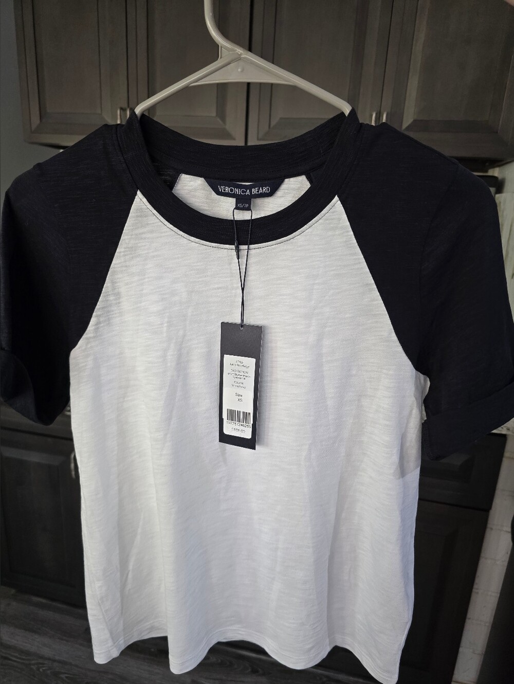 NWT Veronica Beard Designer Baseball Tee White/ Navy XS 100% Pima Cotton $168 - Picture 1 of 14